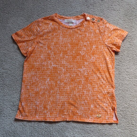 Michael Kors Womens T-shirt Size M Orange Love Peace Button Shoulder - Picture 3 of 8